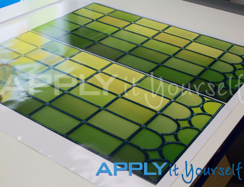 Transparent window film, custom stained glass window film design, green, yellow, multiple windows