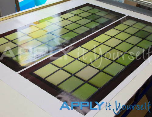 Transparent window film, custom stained glass window film design, green, yellow, multiple windows, brown wood