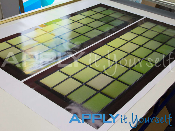 transparent window film, custom stained glass window film design, green, yellow, multiple windows, brown wood