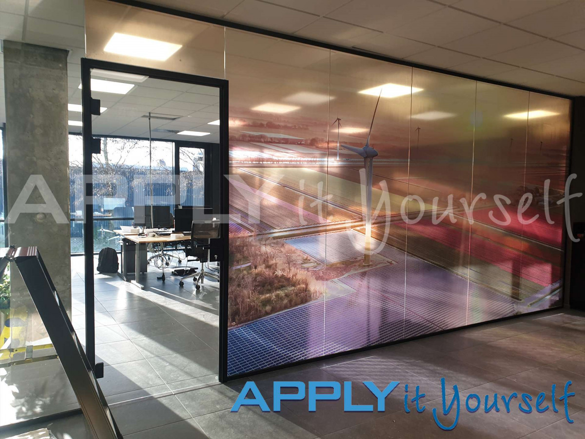 transparent window film, large design, across multiple windows, design across multiple window, large photo, glass wall, office