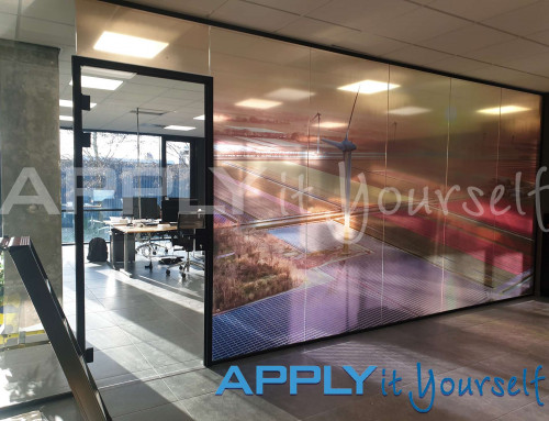 Transparent window film, large design, across multiple windows, design across multiple window, large photo, glass wall, office