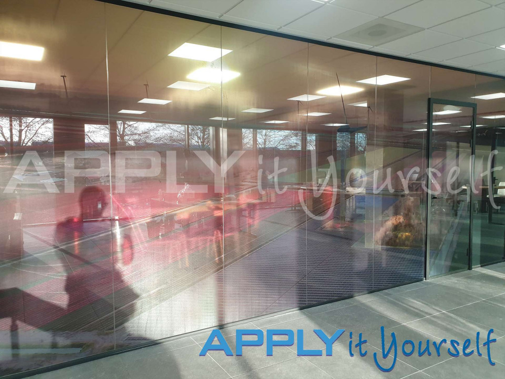 transparent window film, large photo, photo divided across multiple windows, office glass wall