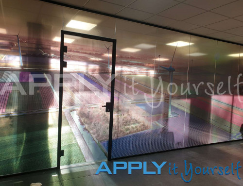 Transparent window film, large photo, photo divided across multiple windows, office glass wall, indoor, front