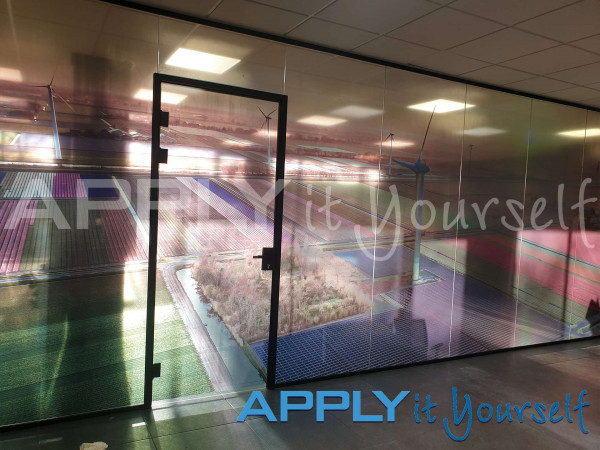 transparent window film, large photo, photo divided across multiple windows, office glass wall, indoor, front