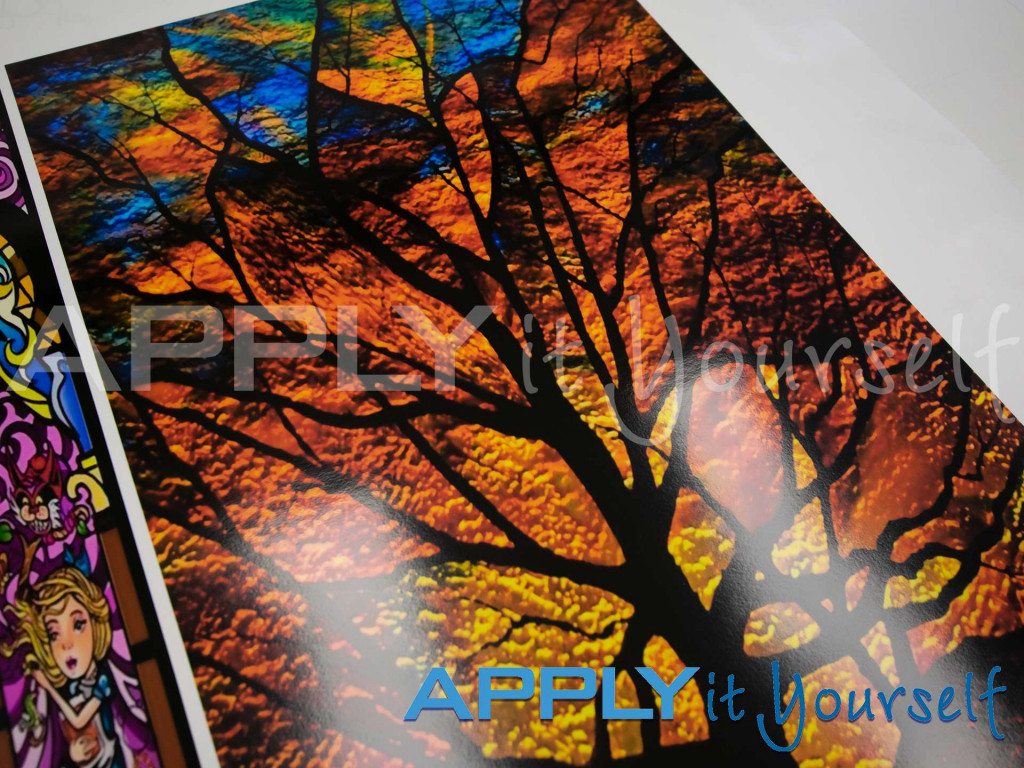 transparent window film, large photo, large stained glass design, tree shape stained glass design