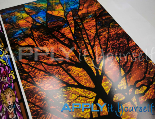 Transparent window film, large photo, large stained glass design, tree shape stained glass design