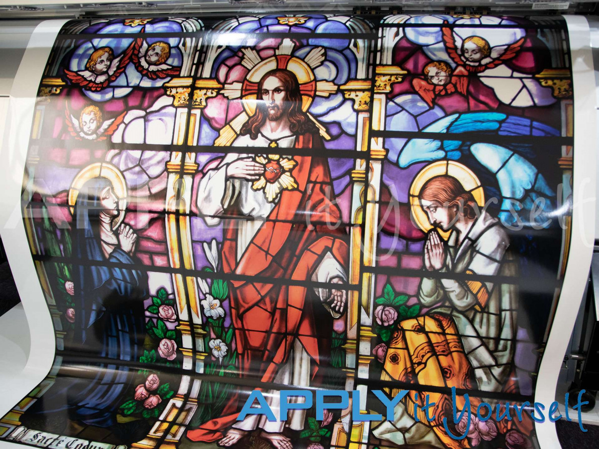 transparent window film, large photo, large stained glass design, jesus, maria, window design across multiple windows