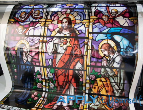 Transparent window film, large photo, large stained glass design, jesus, maria, window design across multiple windows