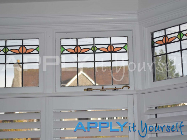 transparent window film, own bespoke stained glass design, top windows, stained glass design