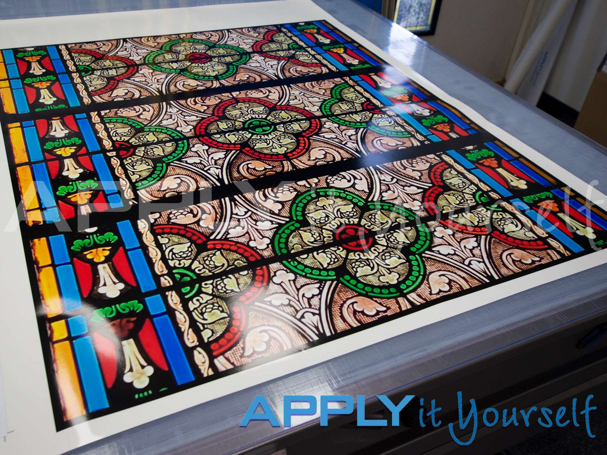 transparent window film, large photo, large medieval stained glass design, own custom stained glass window film