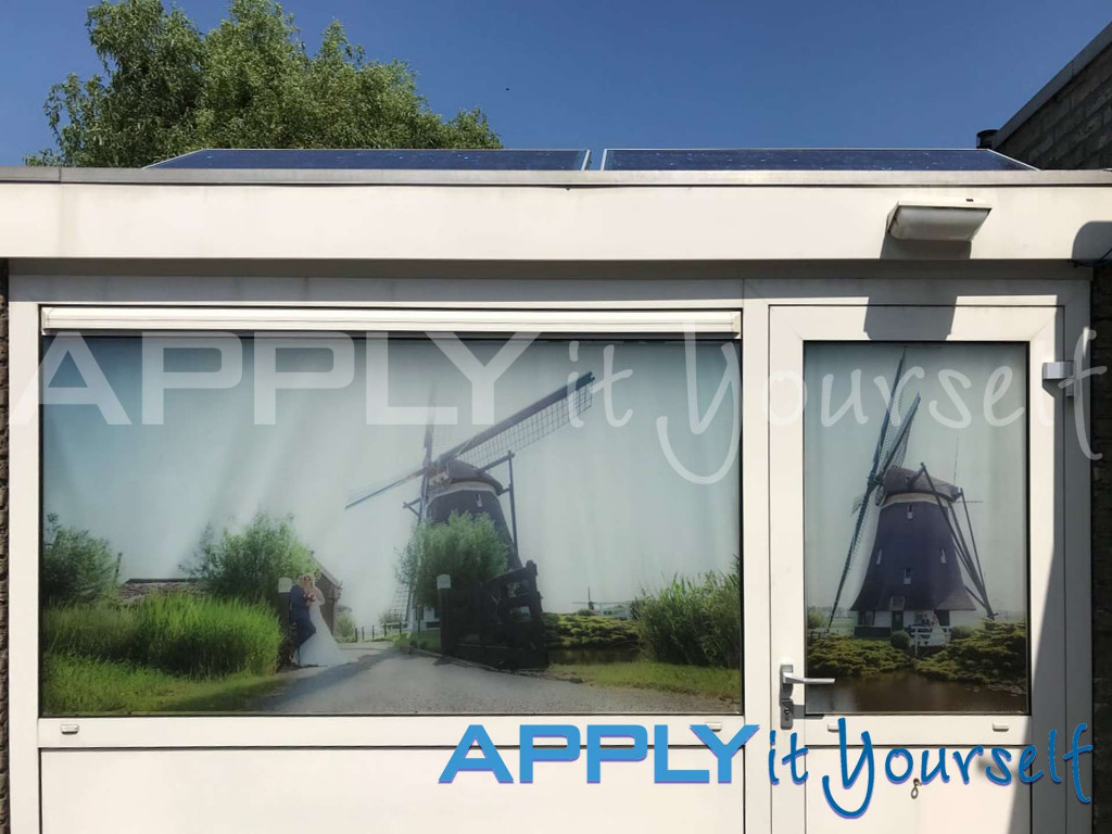 transparent window film, wedding photos, with white window blinds behind it, windmill