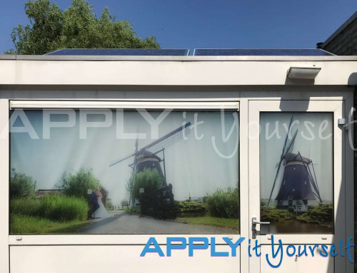 Transparent window film, wedding photos, with white window blinds behind it, windmill