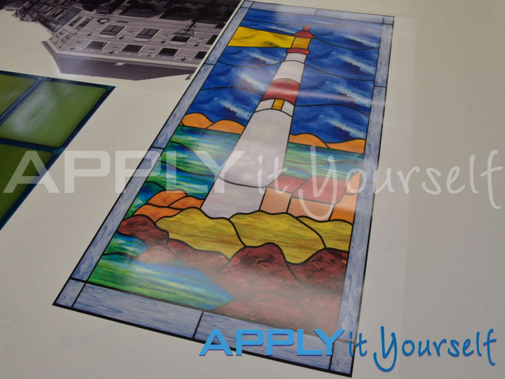 transparent window film, custom stained glass window film design, lighthouse