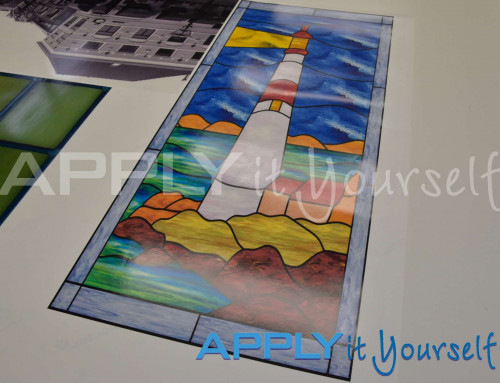 Transparent window film, custom stained glass window film design, lighthouse