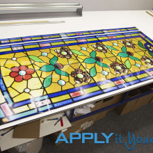 transparent window film, weathered, classic, custom stained glass window film designs, roses, yellow, blue, green