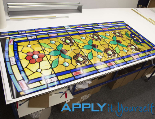 Transparent window film, weathered, classic, custom stained glass window film designs, roses, yellow, blue, green