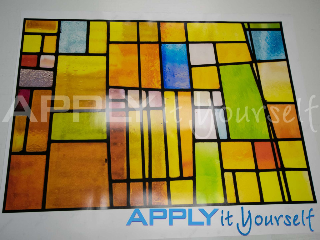 transparent window film, modern, custom stained glass window film designs, yellow, orange red, stained glass window film