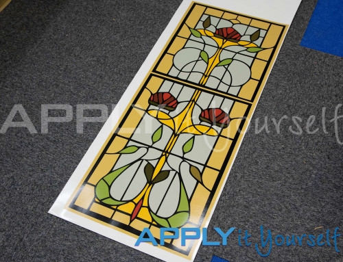 Transparent window film, modern, custom stained glass window film designs, yellow, orange red, stained glass window film