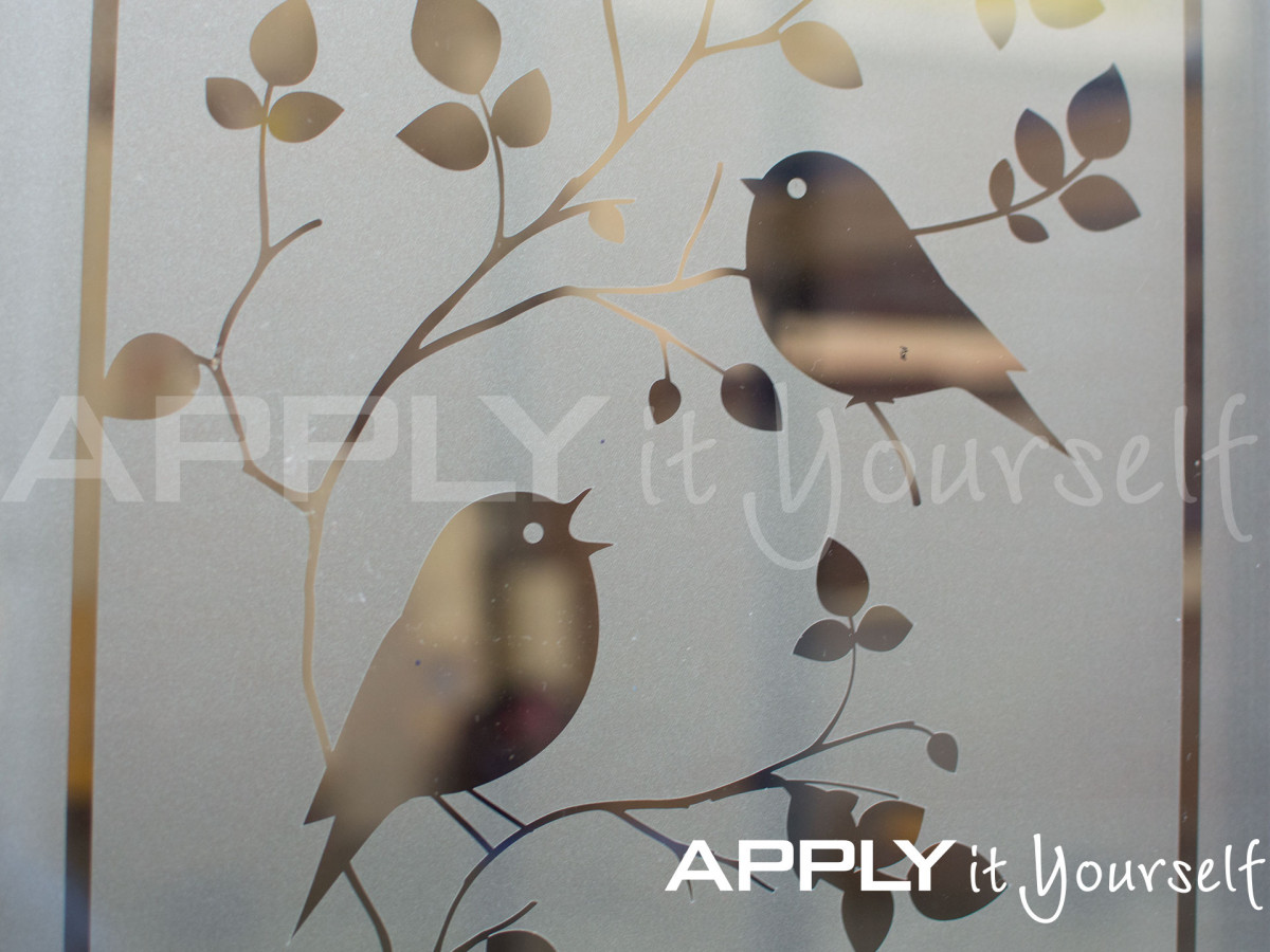 custom, frosted window film, with birds and branches, R01