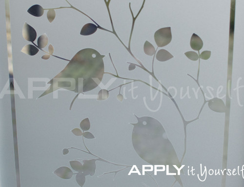 Custom, frosted window film, with birds and branches, mirror-image, R01