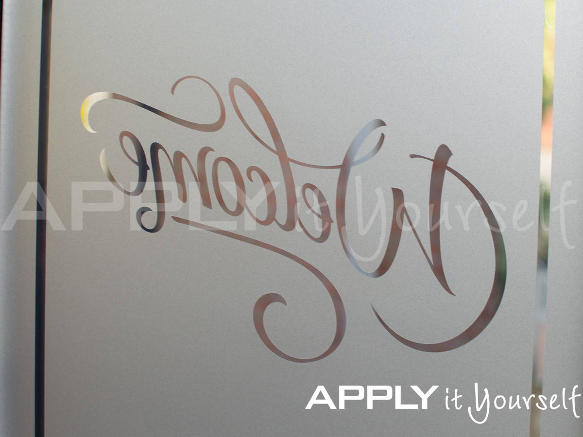custom, frosted window film, welcome, border, mirror-image, R01