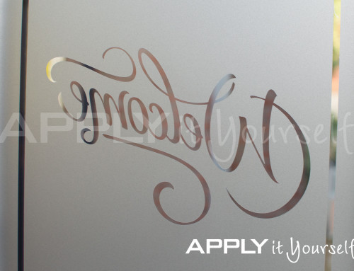 Custom, frosted window film, welcome, border, mirror-image, R01