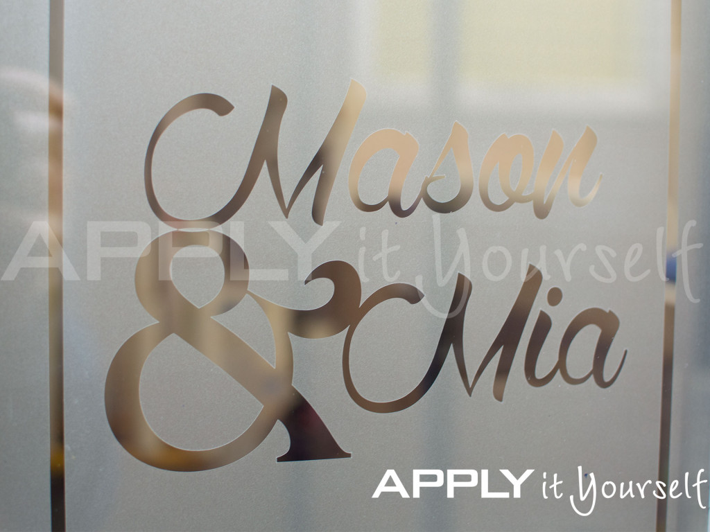 custom, frosted window film, with your name, border, R01