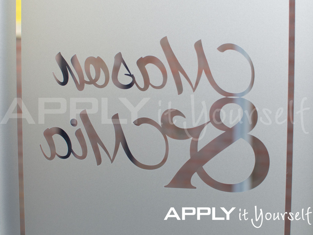custom, frosted window film, with your name, border, mirror-image, R01