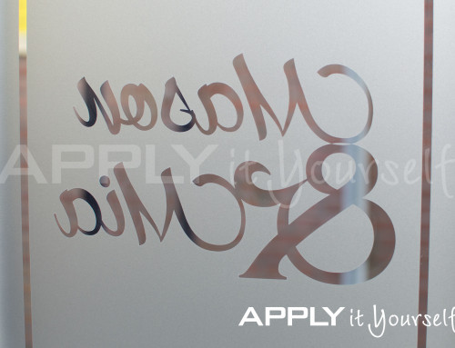Custom, frosted window film, with your name, border, mirror-image, R01