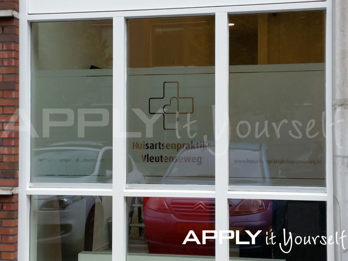 frosted window film, for privacy, waiting room, lines, logo, outside view, R01