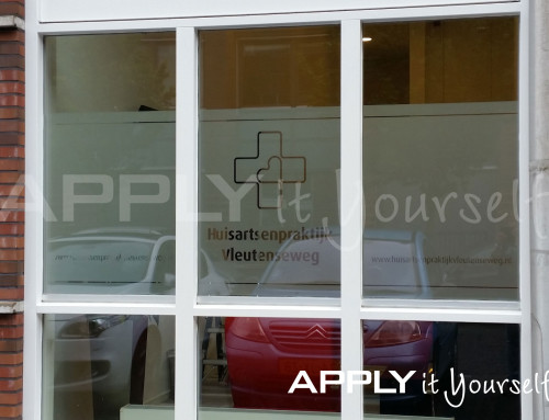 Frosted window film, for privacy, waiting room, lines, logo, outside view, R01