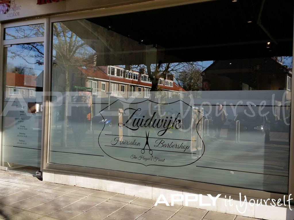 frosted window film, large logo, store, barbershop, hair salon, mirror-image, R01