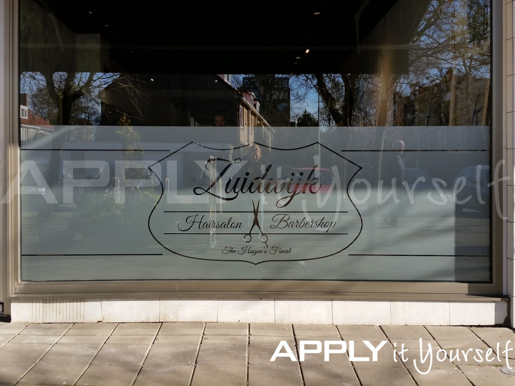frosted window film, large logo, store, barbershop, hair salon, mirror-image, outdoor view, R01