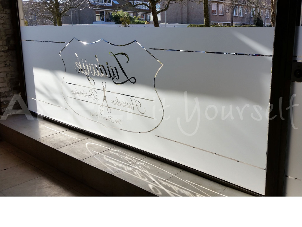 frosted window film, large logo, store, barbershop, hair salon, reserve window film, R01